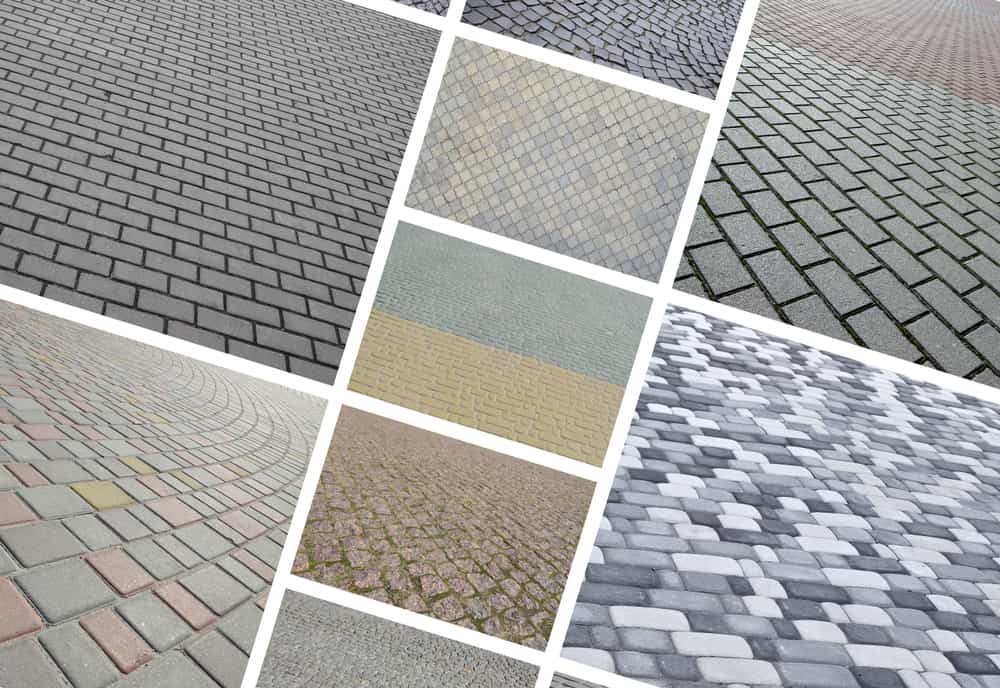 A collage of various cobblestone and brick pavement patterns presents designs in shades of gray, tan, and white. The sections showcase different geometric arrangements, including herringbone, basketweave, and circular motifs. Perfect for those seeking Paving Stones Nassau County excellence.
