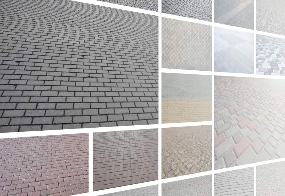 A collage of many pictures with fragments of paving tiles close-up. Set of images with pavement stone