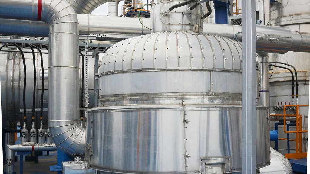 A large, shiny stainless steel industrial tank with various pipes and valves connected to it, part of an intricate system within an industrial facility, likely involved in chemical processing or manufacturing. The setting is clean and orderly with visible structural details, much like the precision found in masonry supplies from Nassau County.
